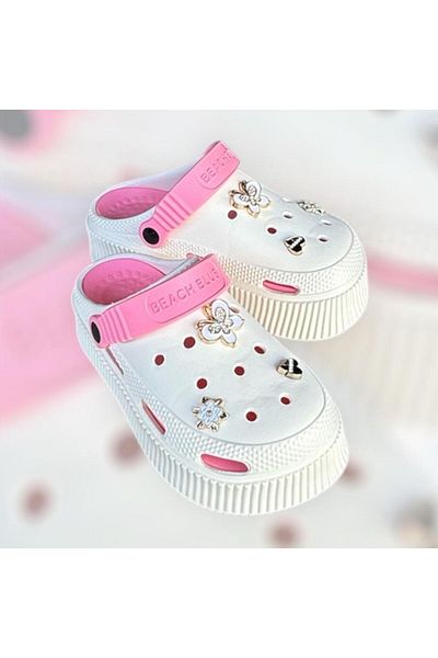 Seha Women's Cream Powder Stone Platform High Sole Closed Front Slippers Sandals