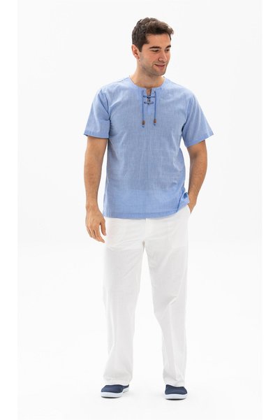 Eliş Şile Bezi Short Sleeve Şile Cloth Studded Men's Summer Tshirt Blue 3032