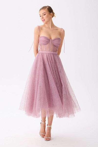 Carmen Lavender Midi Lace Evening Dress