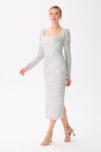 Carmen Silver Long Sleeve Sequined Evening Dress