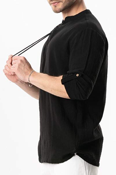 Eliş Şile Bezi Summer Jewelry Tshirt - Long Sleeve, V Neck Lace Up, Black, Men