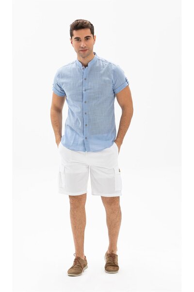 Eliş Şile Bezi Short Sleeve Slub Cotton Bodrum Summer Men's Shirt Light Blue 3074