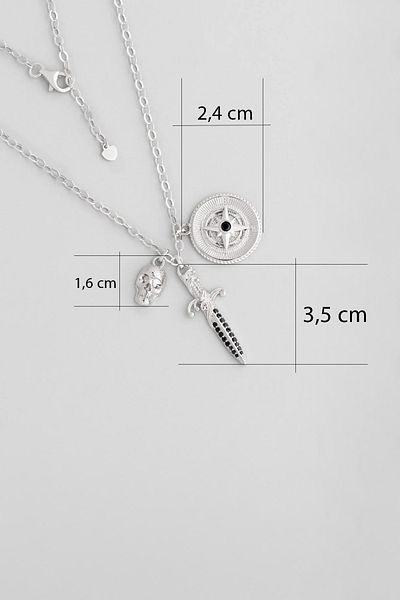 So CHIC... 65 cm Silver Men's Necklace with Sword and Compass Figures