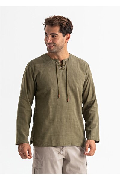 Eliş Şile Bezi Long Sleeve Şile Cloth Studded Men's Summer Tshirt Khaki 3049