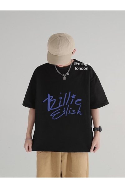 Minga London Black Billie Eilish Portrait Detail Front/Back Printed Oversize Unisex T-Shirt -Mingalondon