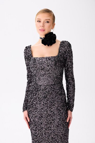 Carmen Black Long Sleeve Sequined Evening Dress