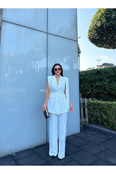 buqre's moda Σετ παντελόνι με δεμένο διπλό ζωσμένο γιλέκο