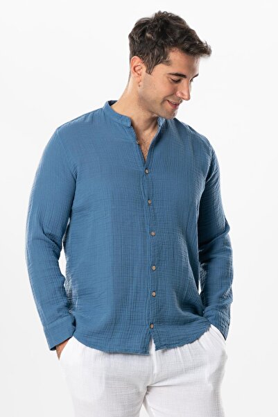 Eliş Şile Bezi Довгий рукав, комір-стійка, чоловіча літня сорочка з мусліну, індиго indg