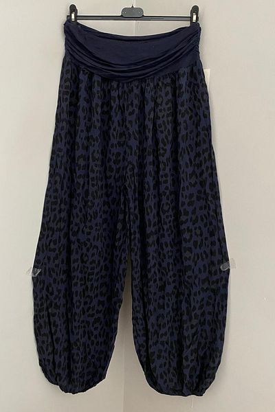 AYASOFYA OTANTIK Women's Italian Navy Blue Ethnic Leopard Patterned Viscose Loose Baggy Trousers with Elastic Waist and Legs