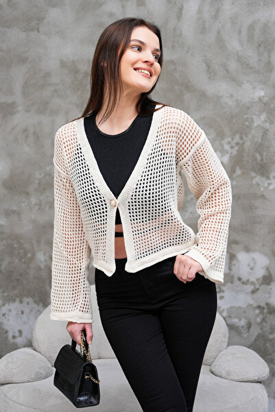 Cemre Life Women's Single Button Mesh Knitted Summer Cardigan & Cream