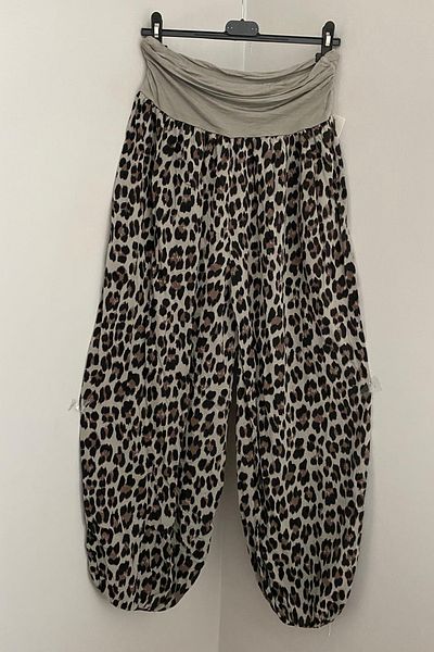 AYASOFYA OTANTIK Women's Italian Mink Ethnic Leopard Patterned Viscose Loose Baggy Trousers with Elastic Waist and Legs