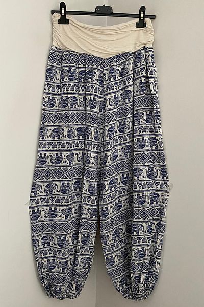 AYASOFYA OTANTIK Women's Italian Beige Ethnic Elephant Patterned Viscose Loose Baggy Trousers with Elastic Waist and Legs