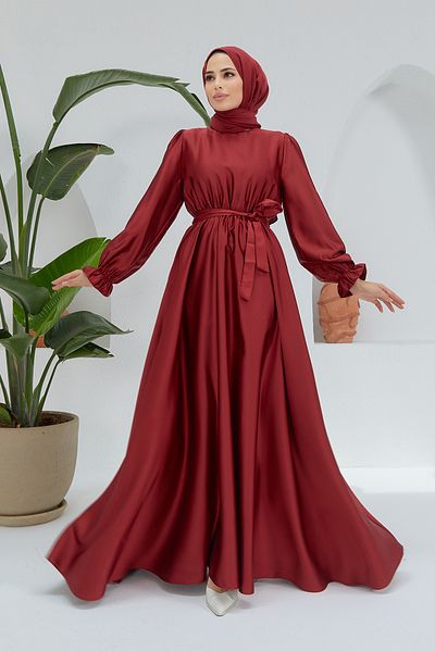 VAVİNOR Liza Belted Satin Dress - Claret Red