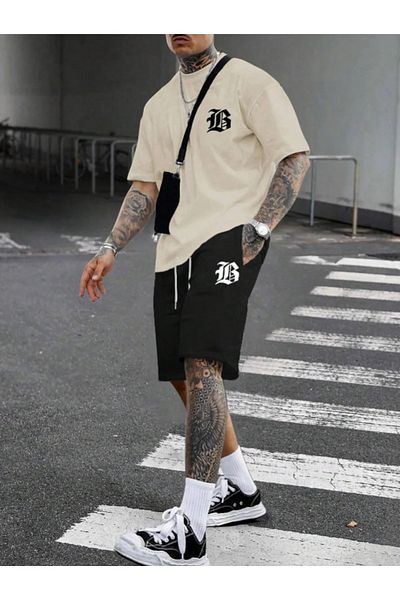 NO 601 Men's Beige B Printed T-Shirt Black Combed Cotton Shorts Set