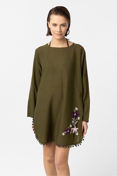 Deriderim Rochie bluză din bumbac cu mânecă lungă brodata verde