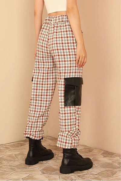 Lukas Tan Colored Long Striped Tweed Women's Cargo Pants