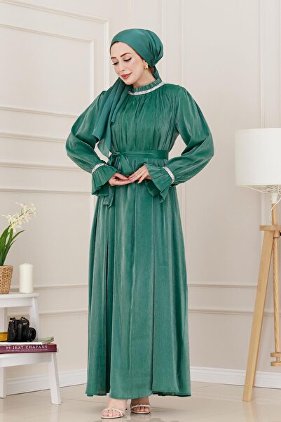 Sevitli Glittery Stone Evening Dress-Green