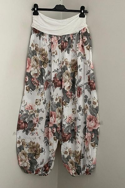 AYASOFYA OTANTIK Women's Italian White Floral Patterned Viscose Loose Baggy Trousers with Elastic Waist and Legs
