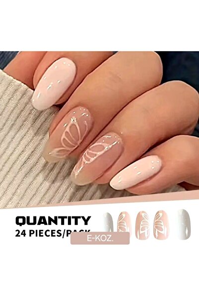Butik Nude Beyaz Kelebek Desenli 24'lü Badem Takma Tırnak Seti