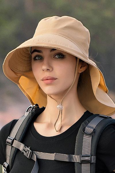 Külah Camel Colored Women's Sun Hat - UV Protector, with String and Wide Brim