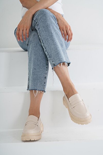 Beyond Kadın Bej Deri Corteko Kalın Taban Loafer Makosen Ayakkabı 4,5cm Byndlfrk02