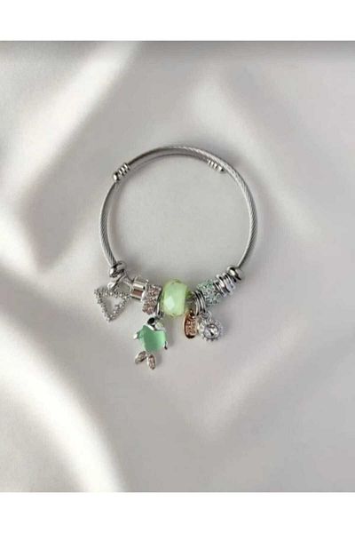 ARYA DESİGN Silver Color Green Fish Charm Steel Bracelet