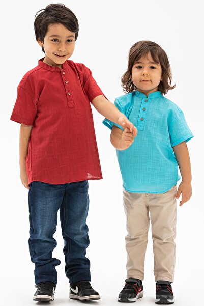 Eliş Şile Bezi Κοντό μανίκι Slub Βαμβακερό Bodrum Καλοκαιρινό μπλουζάκι για αγόρι ανοιχτό τιρκουάζ 3075