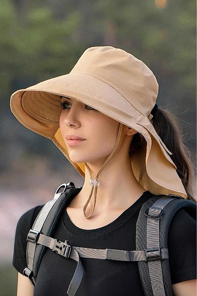 Külah Camel Colored Women's Sun Hat - UV Protector, with String and Wide Brim