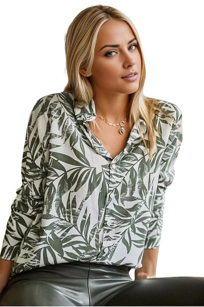 Cassime Cămașă din viscoză cu mânecă lungă cu model frunze verzi pentru femei S-m-l-xl-2xl-3xl