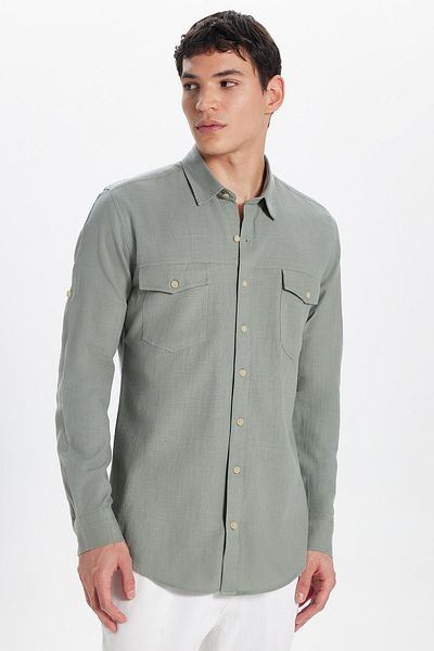 Tudors Men's Slim Fit Slim Fit 100% Cotton Linen Texture Double Pocket Sport Collar Light Khaki Shirt