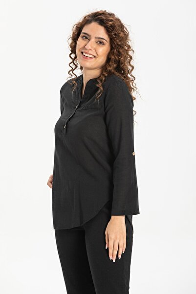 Eliş Şile Bezi Μακρυμάνικη ύφασμα Şile Acacia Καλοκαιρινή Μπλούζα Μαύρη Μαύρη