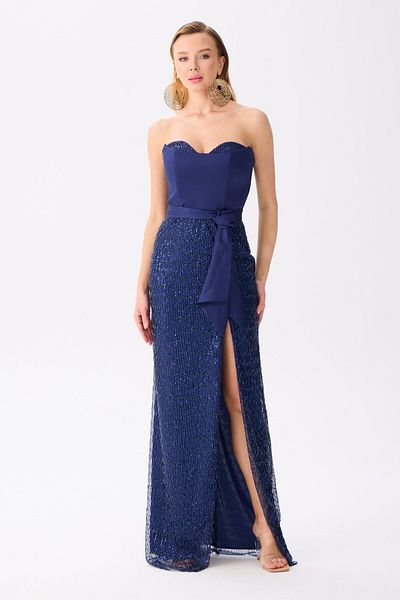 Carmen Navy Blue Strapless Slit Sequined Evening Dress