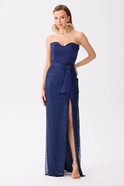 Carmen Navy Blue Strapless Slit Sequined Evening Dress