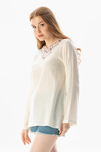 Eliş Şile Bezi Long Sleeve Sile Cloth Rainbow Embroidery Detailed Summer Blouse Cream Red