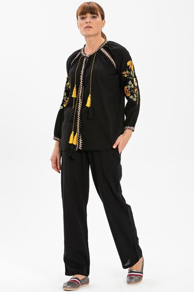 Eliş Şile Bezi Long Sleeve Şile Cloth - Nigar Summer Blouse - Black