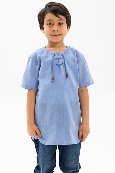 Eliş Şile Bezi Vară cu mânecă scurtă din pânză Sile cu capse - Tricou pentru bărbați și copii Albastru 3032