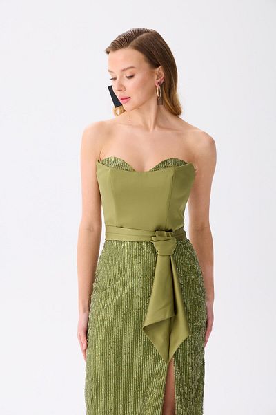 Carmen Khaki Strapless Slit Sequined Evening Dress