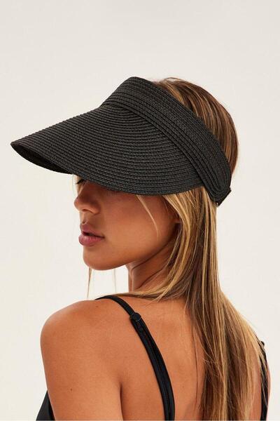 Külah Γυναικείο καπέλο παραλίας με φαρδύ γείσο από ψάθινο υλικό, μαύρο