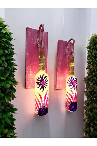 Mes Reves Peri Led Aydınlatmalı Pembe Ahşap Dekorlu, Vitray El Boyama Kırçiçeği Şarap Şişesi Aplik 2'li Set