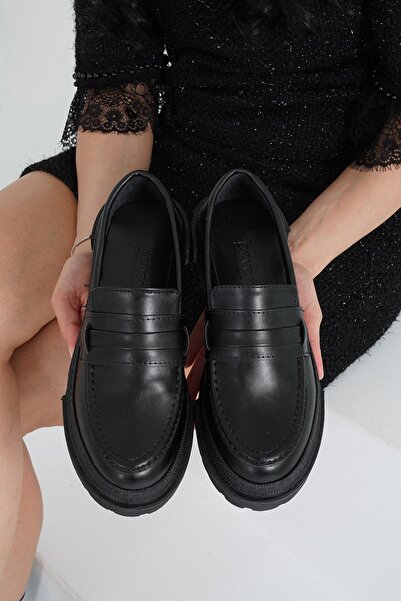 Beyond Kadın Siyah Deri Corteko Kalın Taban Loafer Makosen Ayakkabı 4,5cm Byndlfrk02