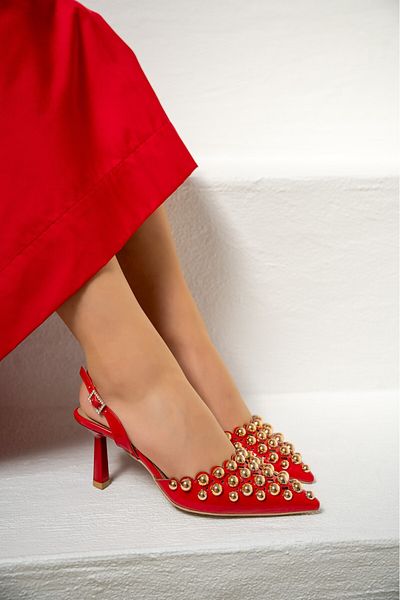 LamintaGlobal Simba Red Metal Studded Heeled Shoes