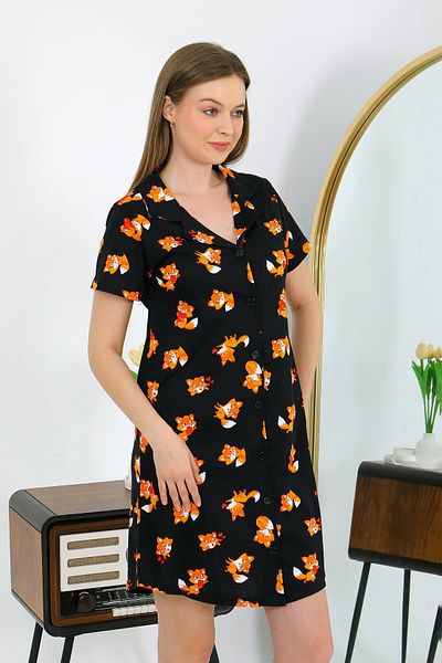 Akbeniz Women's Cotton Combed Cotton Short Sleeve Buttoned Black Tunic Nightgown 13111