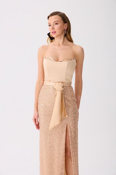 Carmen Gold Strapless Slit Sequined Evening Dress