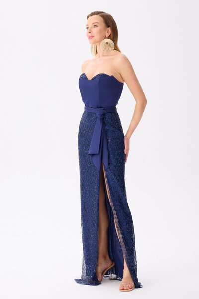 Carmen Navy Blue Strapless Slit Sequined Evening Dress
