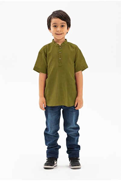 Eliş Şile Bezi Short Sleeve Slub Cotton Bodrum Summer Boy Tshirt Khaki 3049