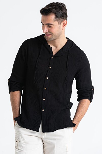 Eliş Şile Bezi Μακρυμάνικο ανδρικό φούτερ με κουκούλα, καλοκαιρινό μουσελίνα, μαύρο Syh