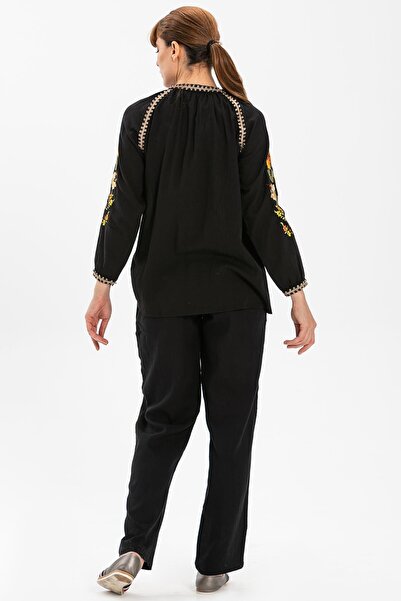 Eliş Şile Bezi Pânză Şile cu mânecă lungă - Bluză de vară Nigar - Negru