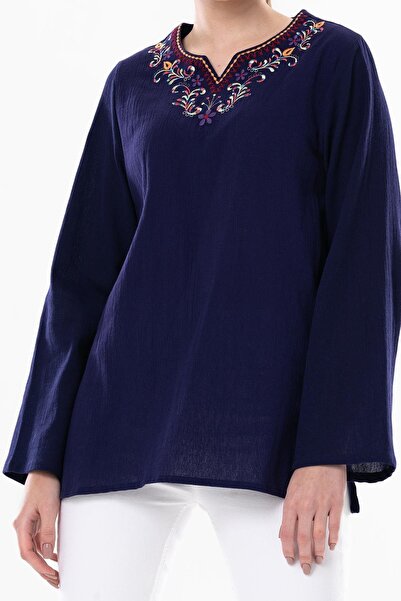 Eliş Şile Bezi Μακρυμάνικο ύφασμα Sile Κέντημα ουράνιο τόξο Λεπτομερής καλοκαιρινή μπλούζα μωβ