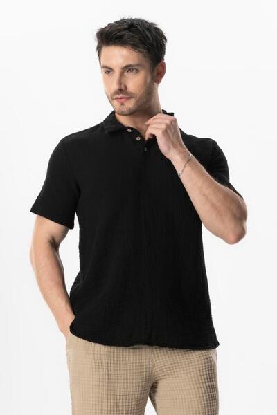 Eliş Şile Bezi Κοντομάνικο γιακά Polo, καλοκαιρινό μπλουζάκι μαύρο SYH