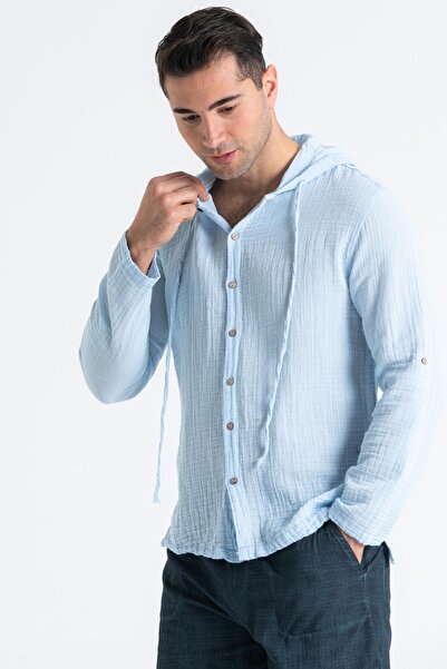 Eliş Şile Bezi Μακρυμάνικο ανδρικό φούτερ με κουκούλα καλοκαιρινή μουσελίνα Ice Blue Bmv